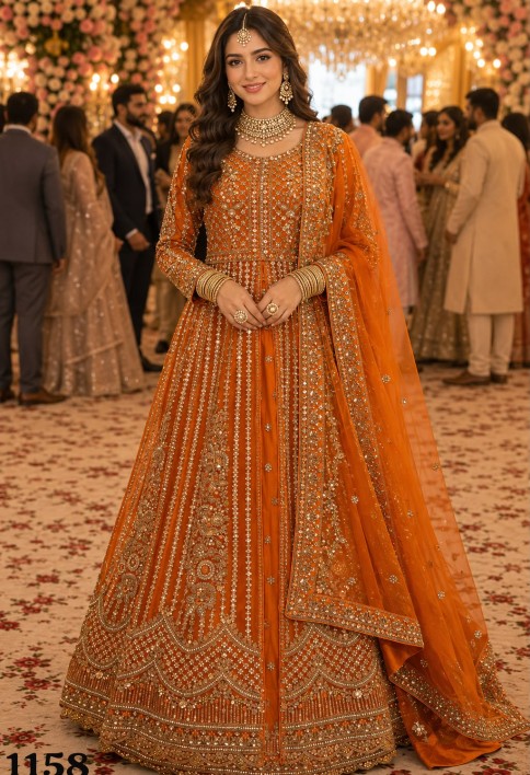 Orange Net Kurti Lehenga With Zari Work